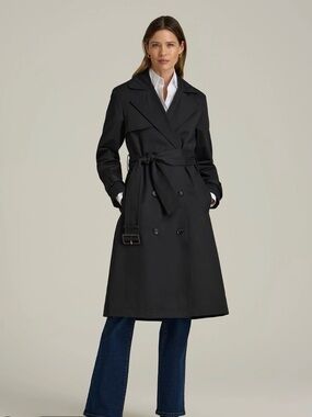 Divided Black Double-Breasted Trench Coat with Waist Tie